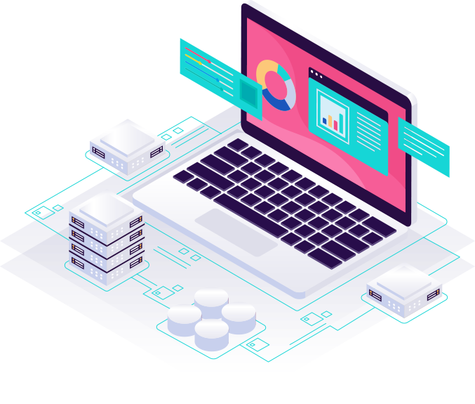 Laptop connected to servers and data stores