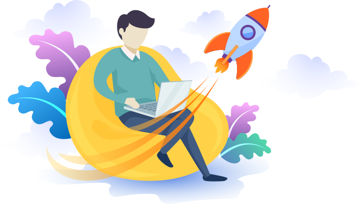 Founder working on a laptop as a rocket launches