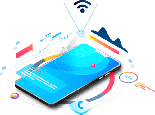 Smartphone showing a mobile app with analytics around it